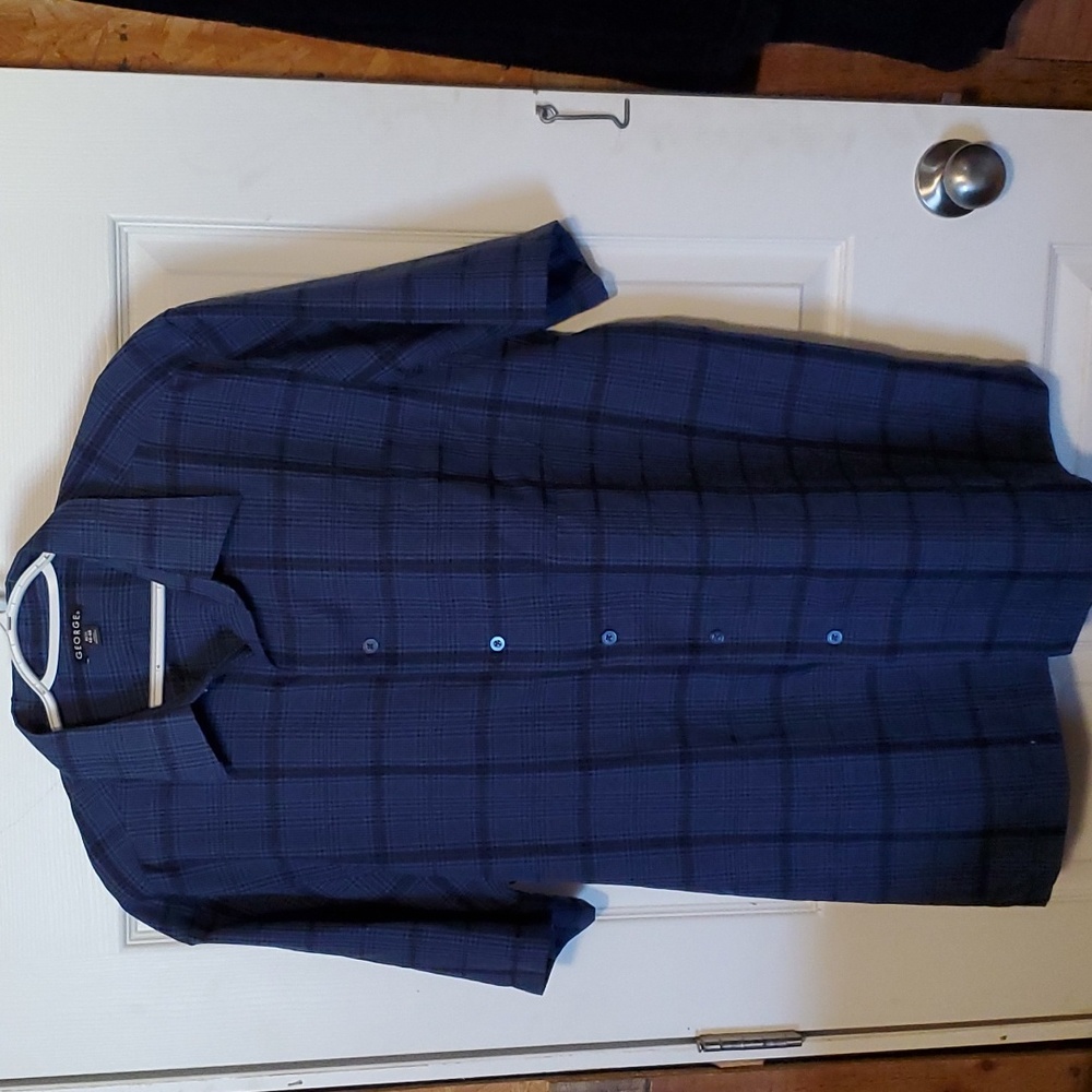 Mens navy blue plaid button up short sleeve